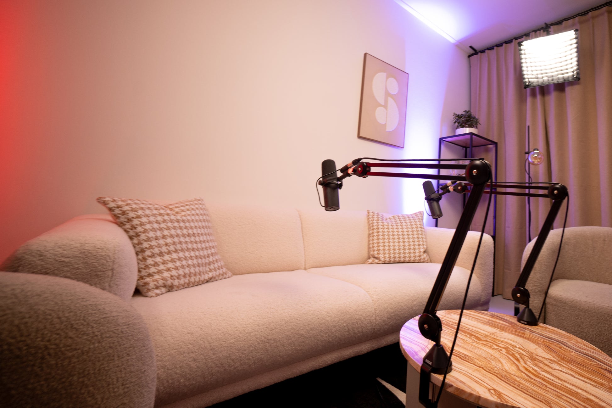 Recording studio with the couch and close up of the micraphones